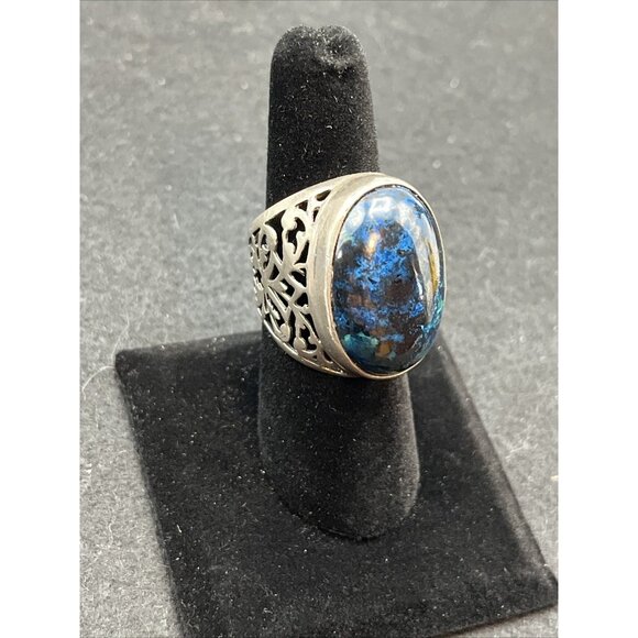 Vintage Sterling Silver Azurite Ring Chunky Open Scrollwork Size 8 Heavy Signed - Picture 1 of 9